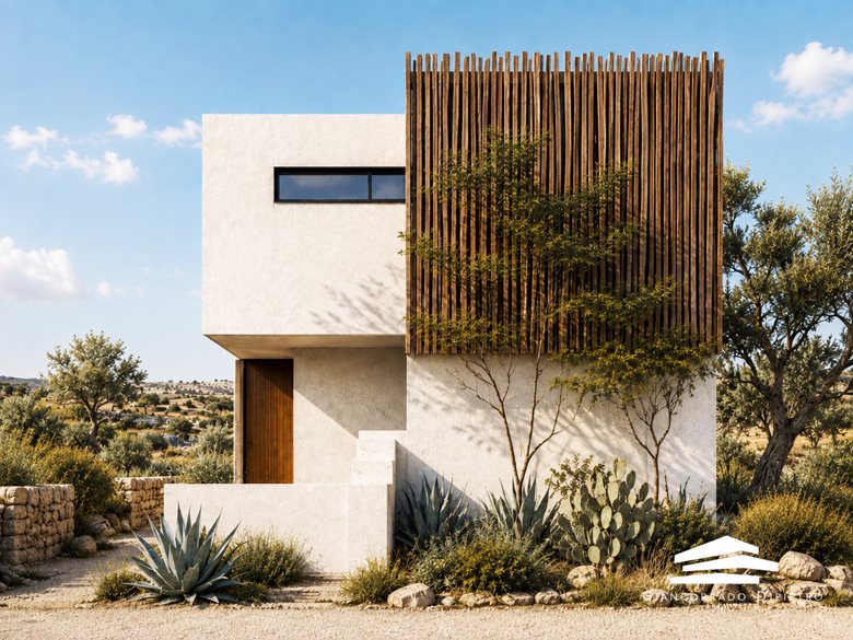 Casa Colonica Siciliana con schermatura in legno e vegetazione mediterranea
